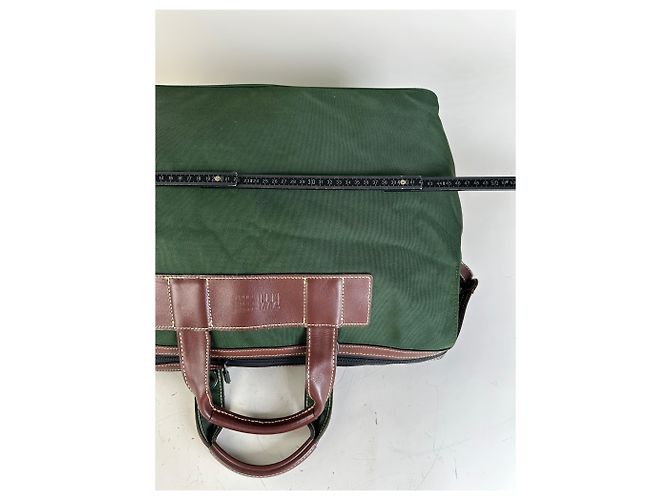 Tote Vintage Issey Miyake in Tela e Pelle Verde Scuro e Marrone - vista 8