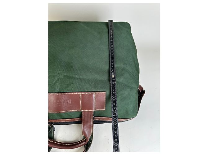 Tote Vintage Issey Miyake in Tela e Pelle Verde Scuro e Marrone - vista 9
