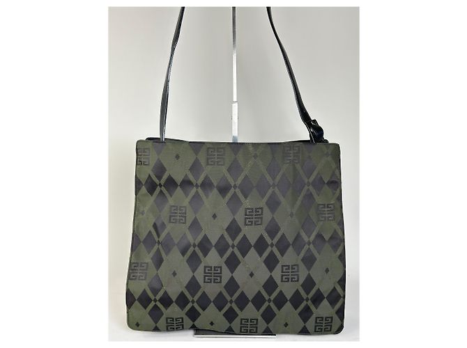 Vintage Givenchy Schultertasche aus beschichtetem Canvas mit geometrischem Logo Olive Black Grün - Ansicht 14