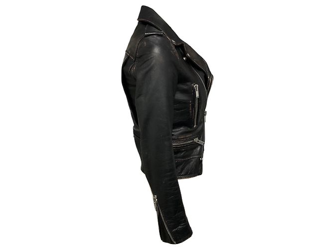 Veste Biker Saint Laurent en cuir de veau noir effet vieilli - vue 2