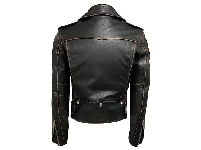 Veste Biker Saint Laurent en cuir de veau noir effet vieilli - vue 3