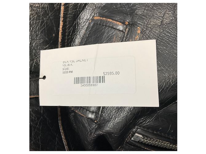 Veste Biker Saint Laurent en cuir de veau noir effet vieilli - vue 6