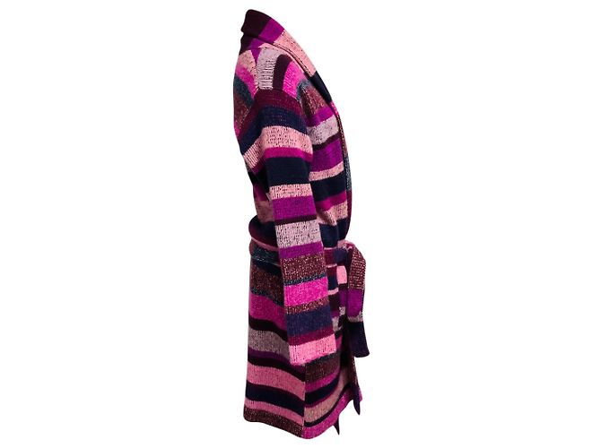 Autre Marque Der Elder Statesman Langen Cardigan aus Kaschmir in Magenta / Pink gestreift mit Gürtel Mehrfarben - Ansicht 2
