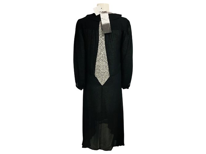 Abito midi Junya Watanabe in tweed nero / grigio e chiffon trasparente - vista 3