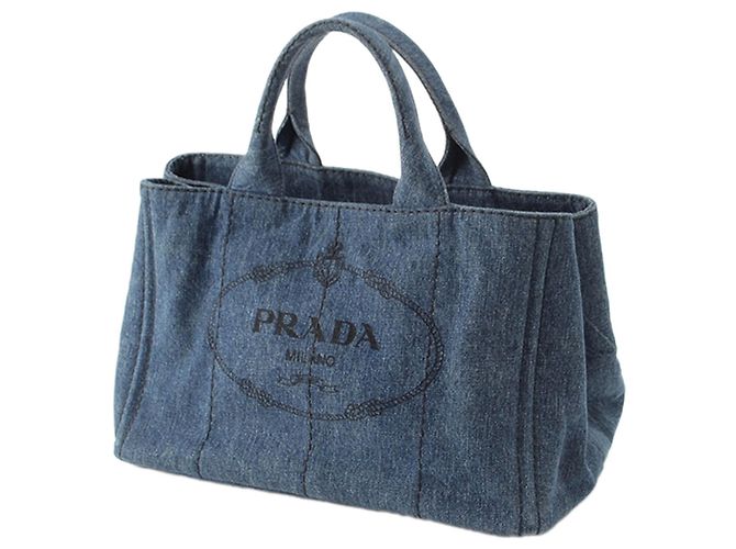 Borsa Tote Satchel Prada Denim Canapa Logo blu - vista 2