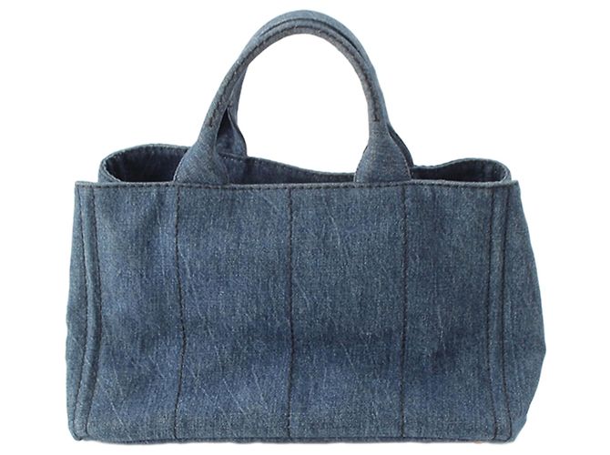 Borsa Tote Satchel Prada Denim Canapa Logo blu - vista 4