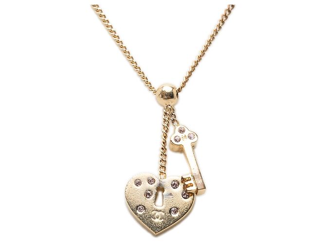 Collana con pendente Chanel CC placcata oro con cuore in strass, lucchetto e chiave D'oro - vista 2