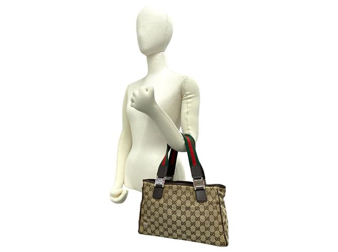 GUCCI Sherry Line GG Logo Canvas Leder Tote Bag Braun Rot Grün - Ansicht 2