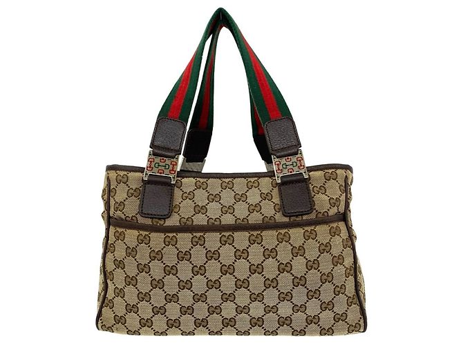 GUCCI Sherry Line GG Logo Canvas Leder Tote Bag Braun Rot Grün - Ansicht 3