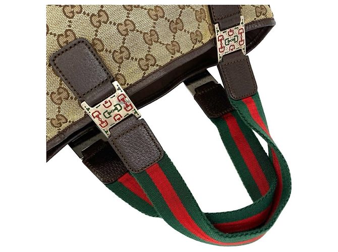 GUCCI Sherry Line GG Logo Canvas Leder Tote Bag Braun Rot Grün - Ansicht 4