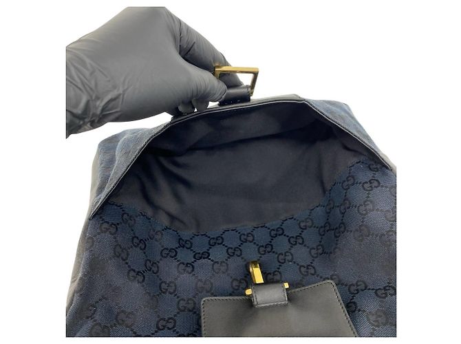 Gucci GG Logo Pattern Canvas Leather Shoulder Bag Black Navy blue - view 10