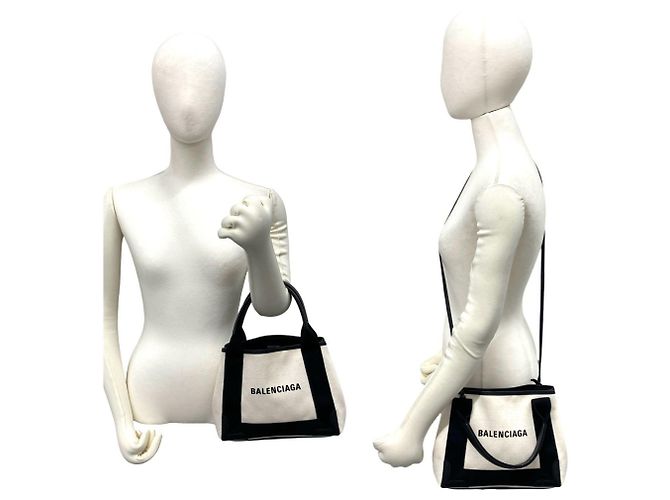Borsa a mano Balenciaga Cabas S in tela e pelle Navy Nero Crudo - vista 2