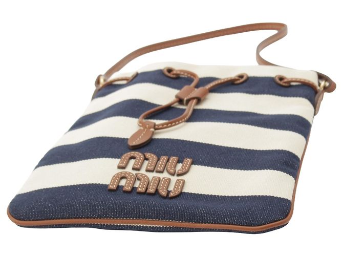 Borsa a mano con coulisse Miu Miu in tela blu a righe con logo Blu navy - vista 3