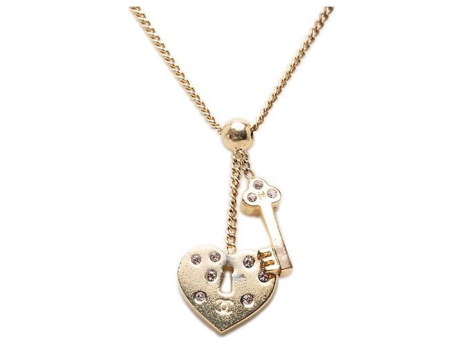 Collana con pendente Chanel Gold CC placcata oro cuore strass con lucchetto e chiave D'oro - vista 2