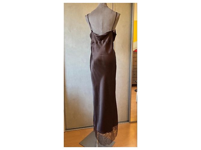 Christian Dior Boutique Paris Abito Maxi in Seta e Pizzo Marrone scuro - vista 10