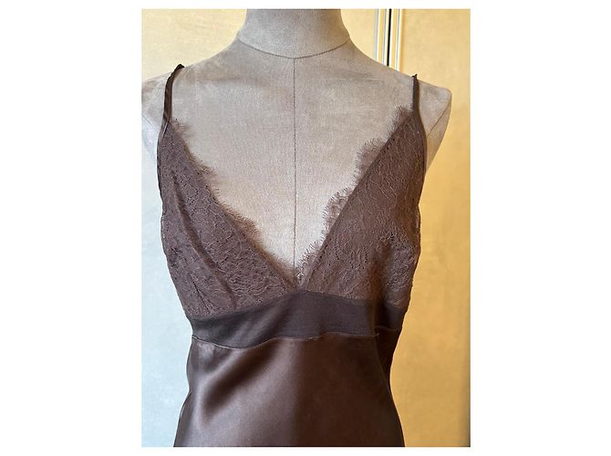 Christian Dior Boutique Paris Abito Maxi in Seta e Pizzo Marrone scuro - vista 2