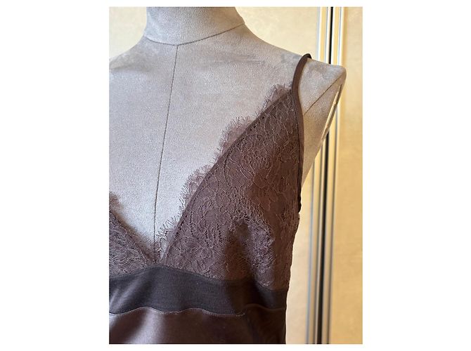 Christian Dior Boutique Paris Abito Maxi in Seta e Pizzo Marrone scuro - vista 7