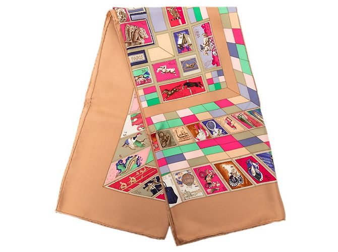 Hermès Hermes Carre 90 Correspondence Stamp Animal Horse Scarf Multicolore Beige - vista 2