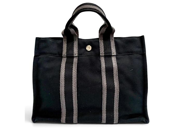 Hermès Fourre-Tout Bolsa de mão em algodão/Tote Bag Marrom Preto - vista 2