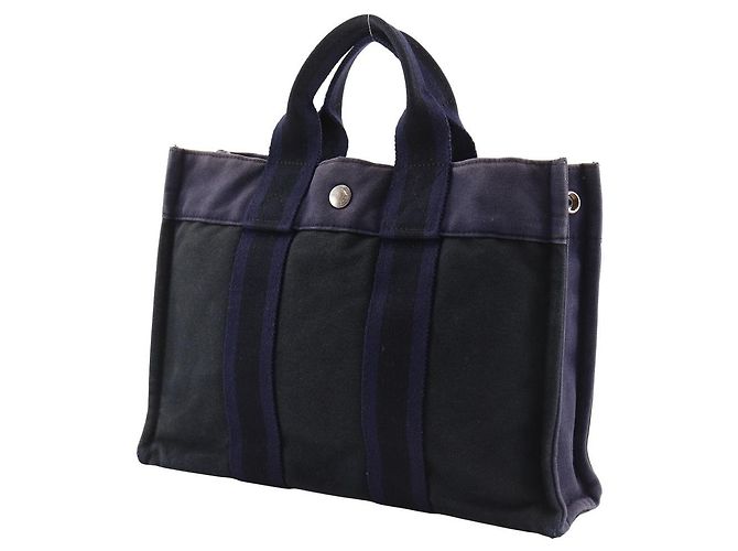 Hermès Sac Fourre Tout PM Borsa a mano in tela di cotone Nero Blu navy - vista 2