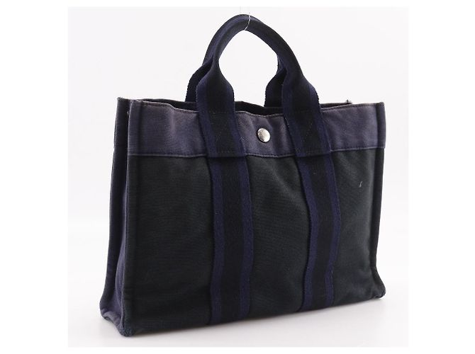 Hermès Sac Fourre Tout PM Borsa a mano in tela di cotone Nero Blu navy - vista 3