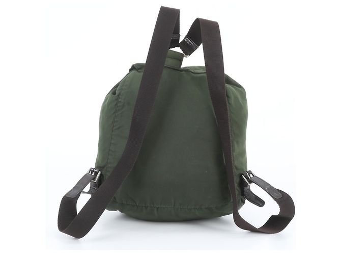Prada Tessuto Nylon Triangle Logo Leather Backpack Brown Green Khaki - view 2