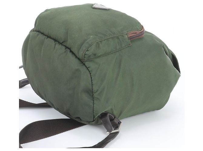 Prada Tessuto Nylon Triangle Logo Leather Backpack Brown Green Khaki - view 3