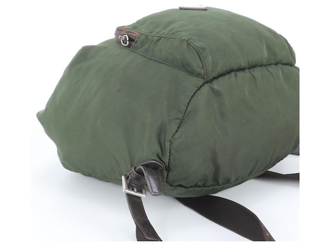 Prada Tessuto Nylon Triangle Logo Leather Backpack Brown Green Khaki - view 4