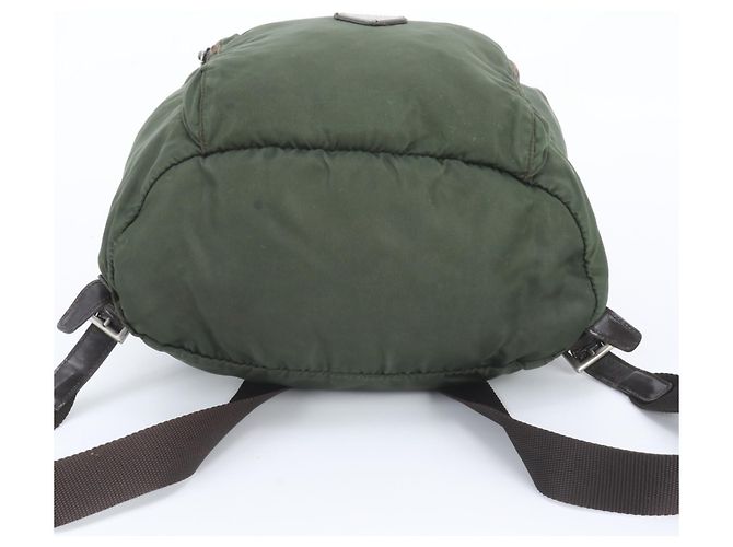 Prada Tessuto Nylon Triangle Logo Leather Backpack Brown Green Khaki - view 5