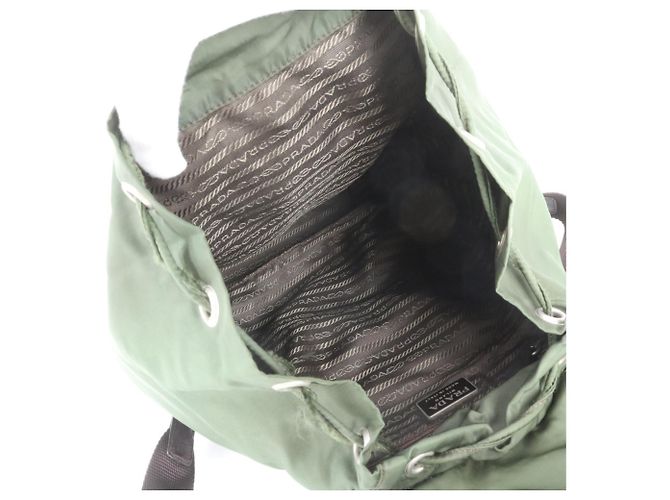 Prada Tessuto Nylon Triangle Logo Leather Backpack Brown Green Khaki - view 6