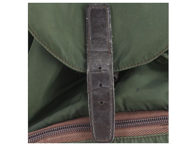 Prada Tessuto Nylon Triangle Logo Leather Backpack Brown Green Khaki - view 9