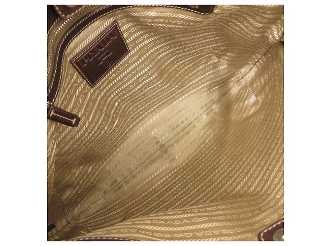 Borsa a tracolla Prada in tela jacquard con logo e pelle Marrone Beige - vista 5