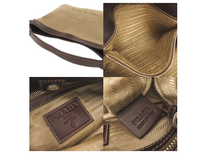 Borsa a tracolla Prada in tela jacquard con logo e pelle Marrone Beige - vista 6