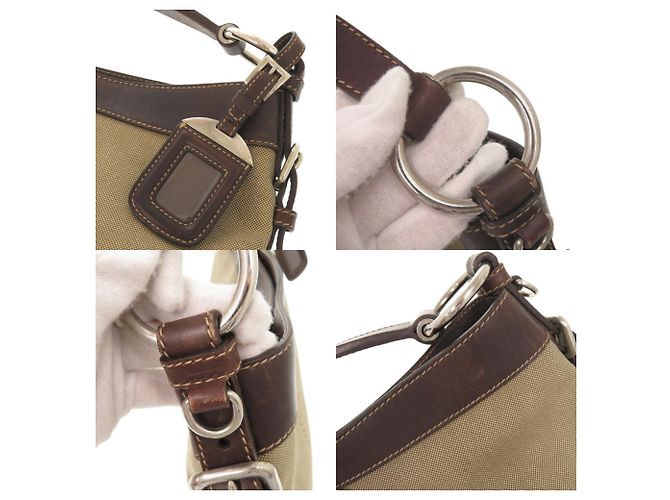 Borsa a tracolla Prada in tela jacquard con logo e pelle Marrone Beige - vista 8