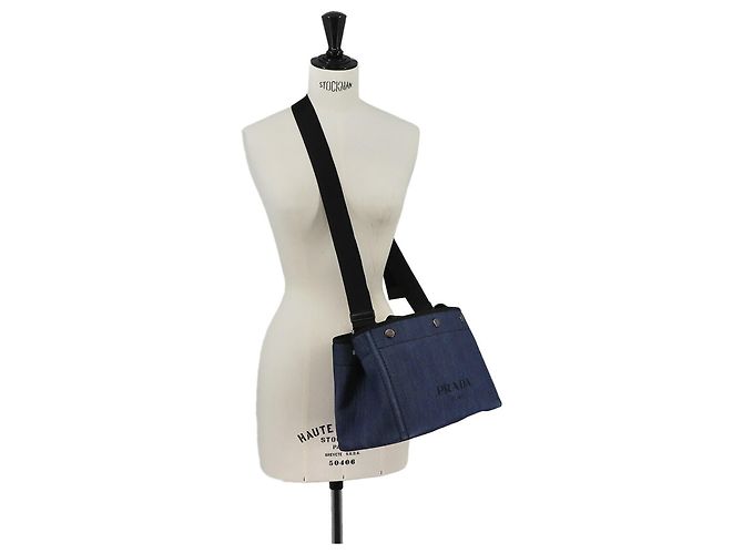 Borsa a mano 2-Way Prada in pelle e denim Nero Blu - vista 9