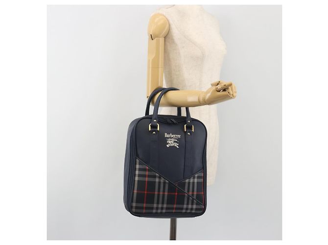 Borsa a Mano Burberrys Nova Check Pelle Canvas Navy Gold Auth 196639 D'oro Blu navy - vista 19