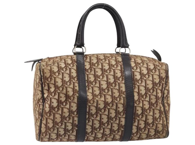Borsa Boston Christian Dior Trotter Canvas Beige Gold Auth 199799 D'oro - vista 2