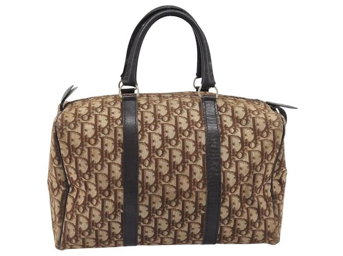 Borsa Boston Christian Dior Trotter Canvas Beige Gold Auth 199799 D'oro - vista 3