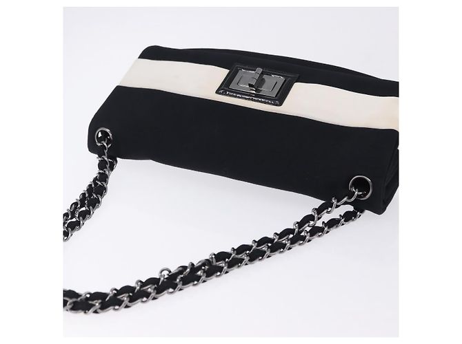 Borsa a tracolla con catena CHANEL 2.55 Nylon Nero Argento CC Auth ka5847A - vista 7