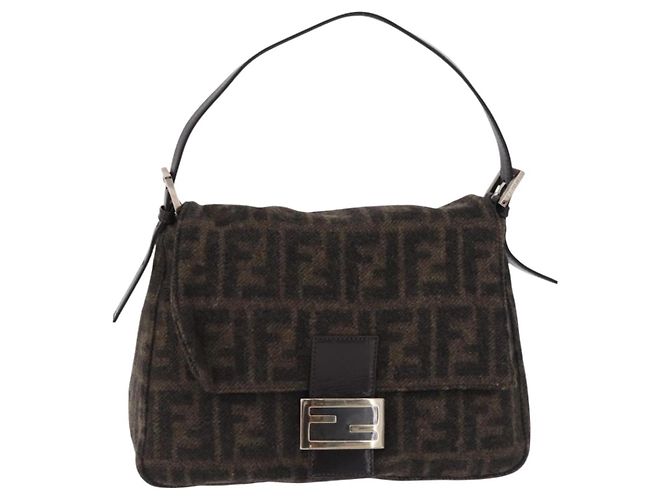 Borsa a tracolla FENDI Zucca Canvas Mamma Baguette Lana Brown Black Auth BA15090V Marrone Nero - vista 13