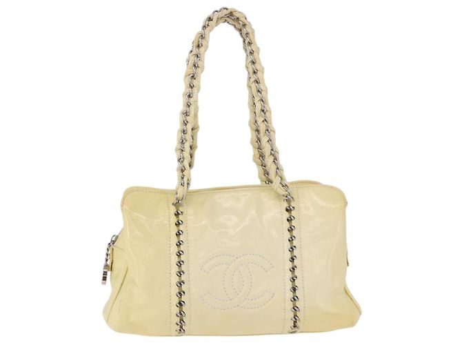 Bolso de mano CHANEL COCO Mark Chain de cuero charol Amarillo Plata CC Auth 197714 - vista 13
