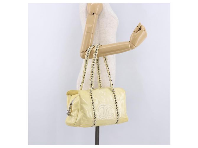 Bolso de mano CHANEL COCO Mark Chain de cuero charol Amarillo Plata CC Auth 197714 - vista 25