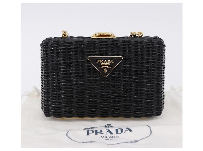 Borsa a tracolla con catena PRADA in rattan nero e oro Auth 197136M D'oro - vista 12