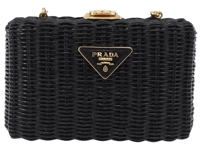 Borsa a tracolla con catena PRADA in rattan nero e oro Auth 197136M D'oro - vista 13