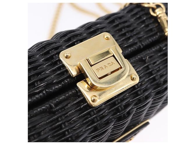 Borsa a tracolla con catena PRADA in rattan nero e oro Auth 197136M D'oro - vista 18