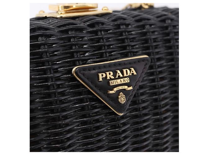 Borsa a tracolla con catena PRADA in rattan nero e oro Auth 197136M D'oro - vista 19