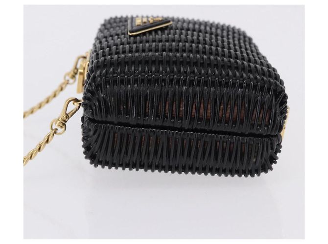 Borsa a tracolla con catena PRADA in rattan nero e oro Auth 197136M D'oro - vista 4