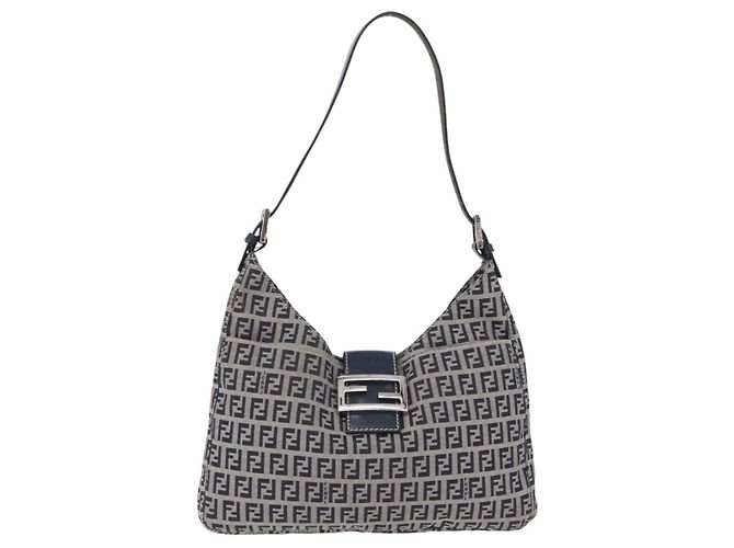 Sac à épaule FENDI Zucchino Canvas Mamma Baguette Navy Silver Auth 199586V Argenté Bleu Marine - vue 13