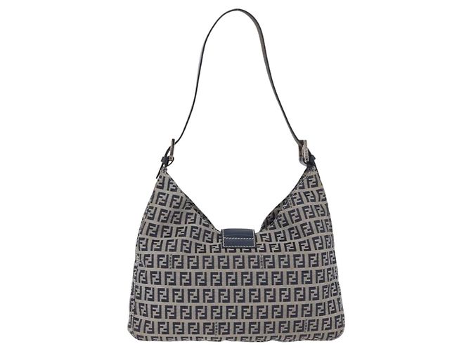 Sac à épaule FENDI Zucchino Canvas Mamma Baguette Navy Silver Auth 199586V Argenté Bleu Marine - vue 2