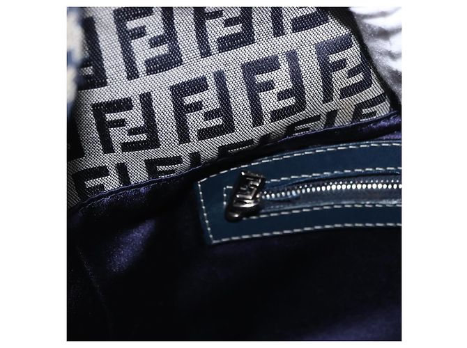 Sac à épaule FENDI Zucchino Canvas Mamma Baguette Navy Silver Auth 199586V Argenté Bleu Marine - vue 23